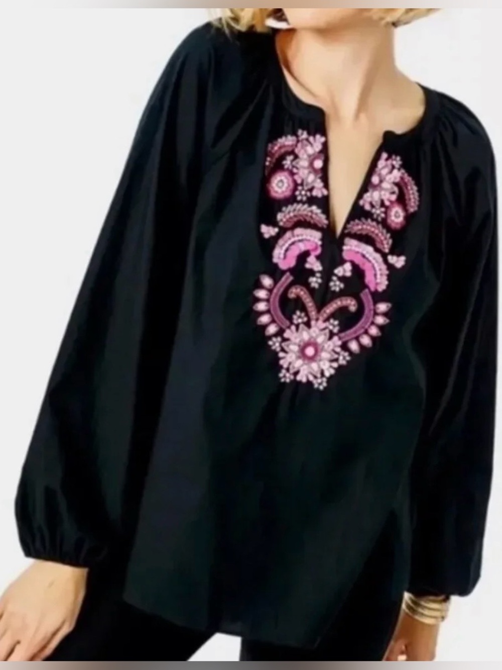 Lilly Pulitzer 100% Cotton Iva Top in Onyx Sz XS Pink Beaded Sequins Boho Resort